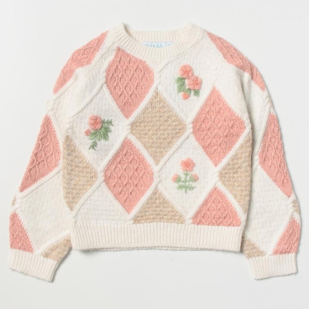 Abel & Lula Girls 6 Diamond Pattern Knit Sweater With Floral Embroidery